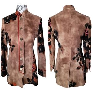 Women's Taupe Floral Long Jacket with Stand Collar